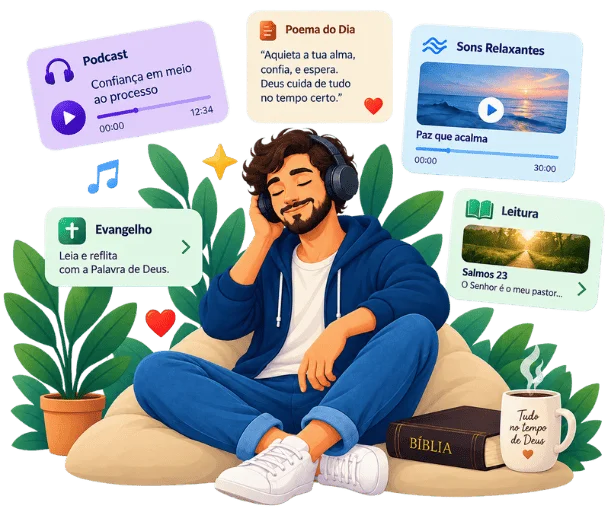 Ilustração de um homem ouvindo podcast, devocional, poema, evangelho e sons relaxantes