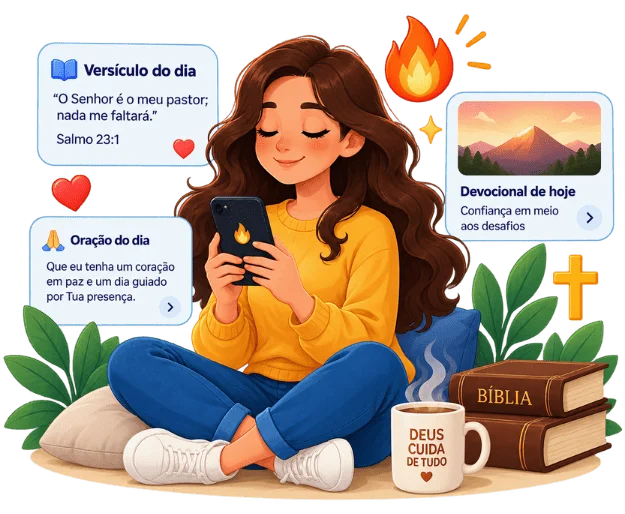 Jovem sentada usando o aplicativo Com Deus no celular, com cartões de versículo, oração e devocional