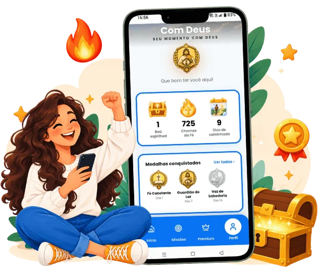 Ilustração de uma jovem comemorando com o celular mostrando a tela Minha Jornada, com dias de caminhada, chamas, medalhas e baú espiritual