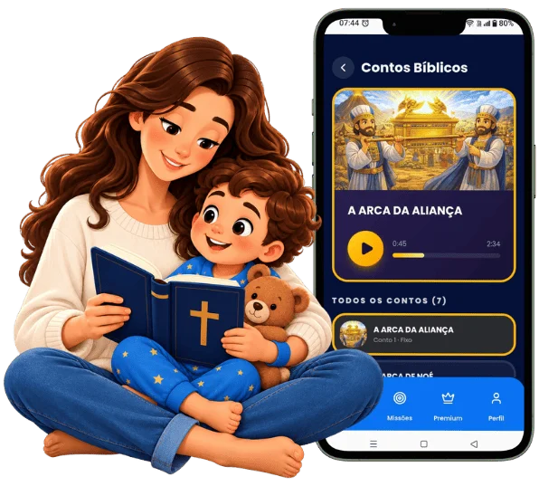 Mãe e filho lendo a Bíblia ao lado do celular mostrando a tela de Contos Bíblicos do app